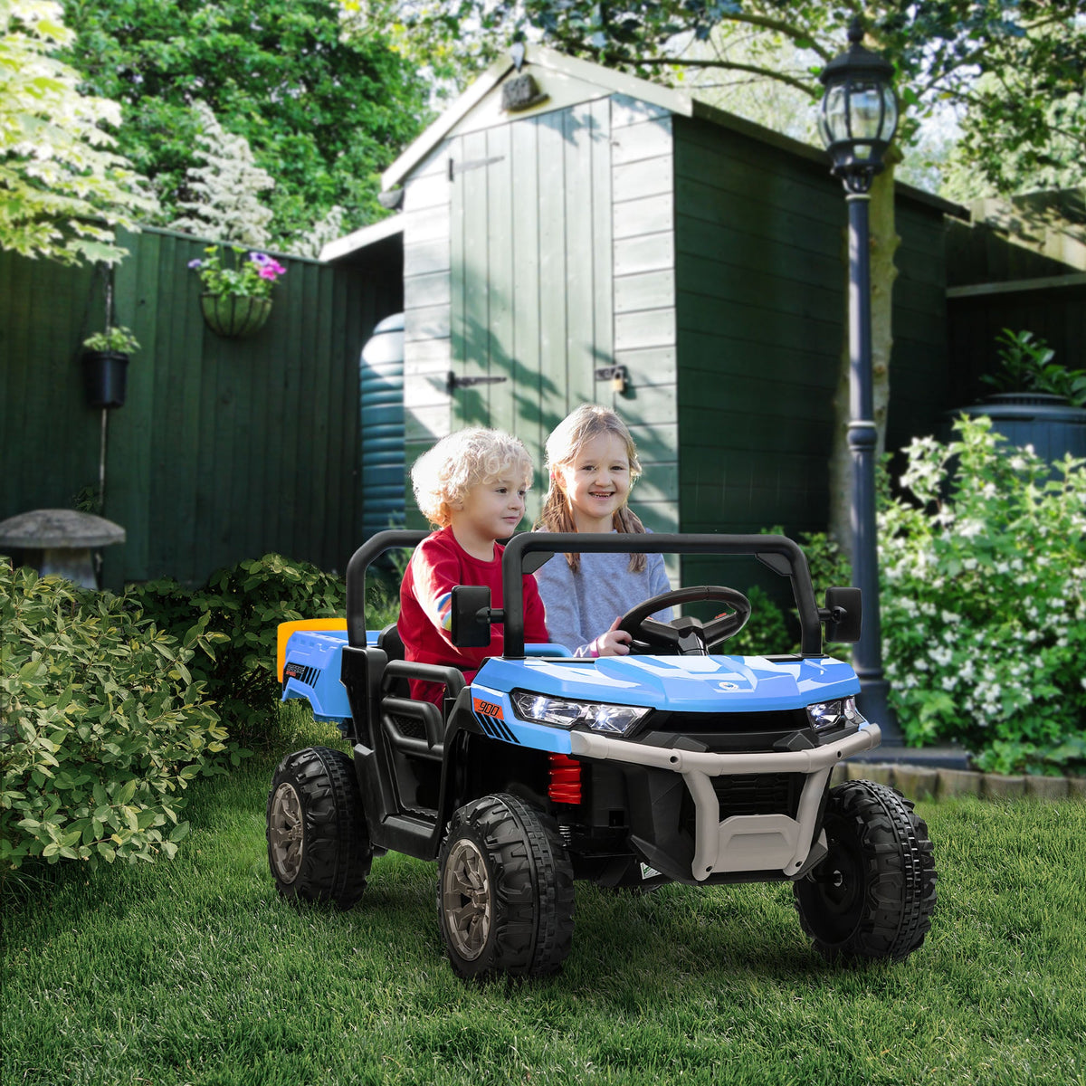 12V Ride on Car with Electric Bucket, Two-Seater, Shovel, Remote Control, Spring Suspension, Horn, Music, Black