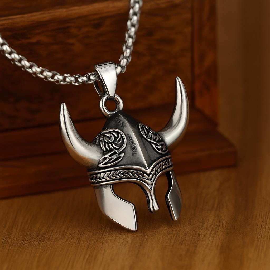 Viking Horned Helmet Pendant Necklace 1.6″