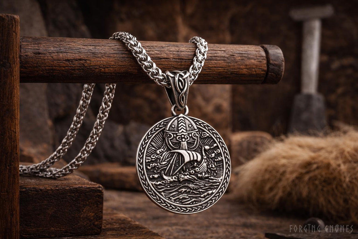 Viking Ship Warrior Stainless Steel Pendant Necklace 1.2″
