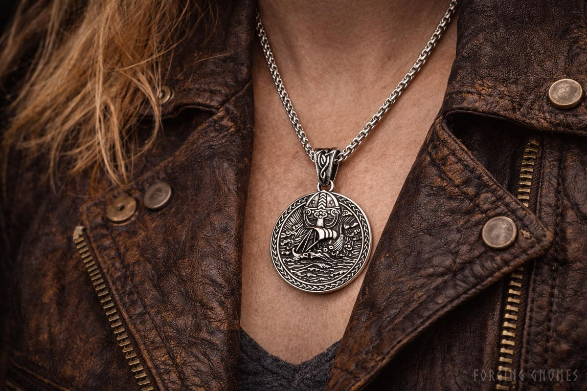 Viking Ship Warrior Stainless Steel Pendant Necklace 1.2″