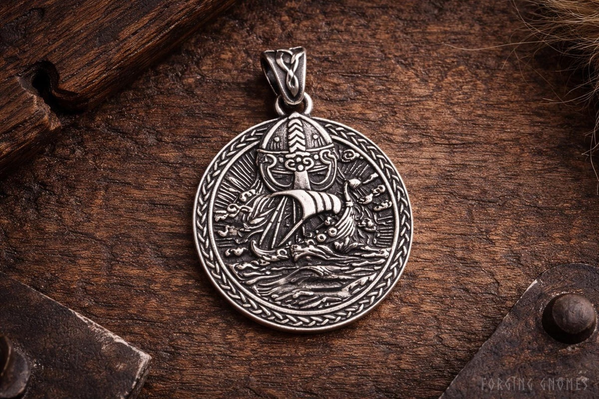 Viking Ship Warrior Stainless Steel Pendant Necklace 1.2″