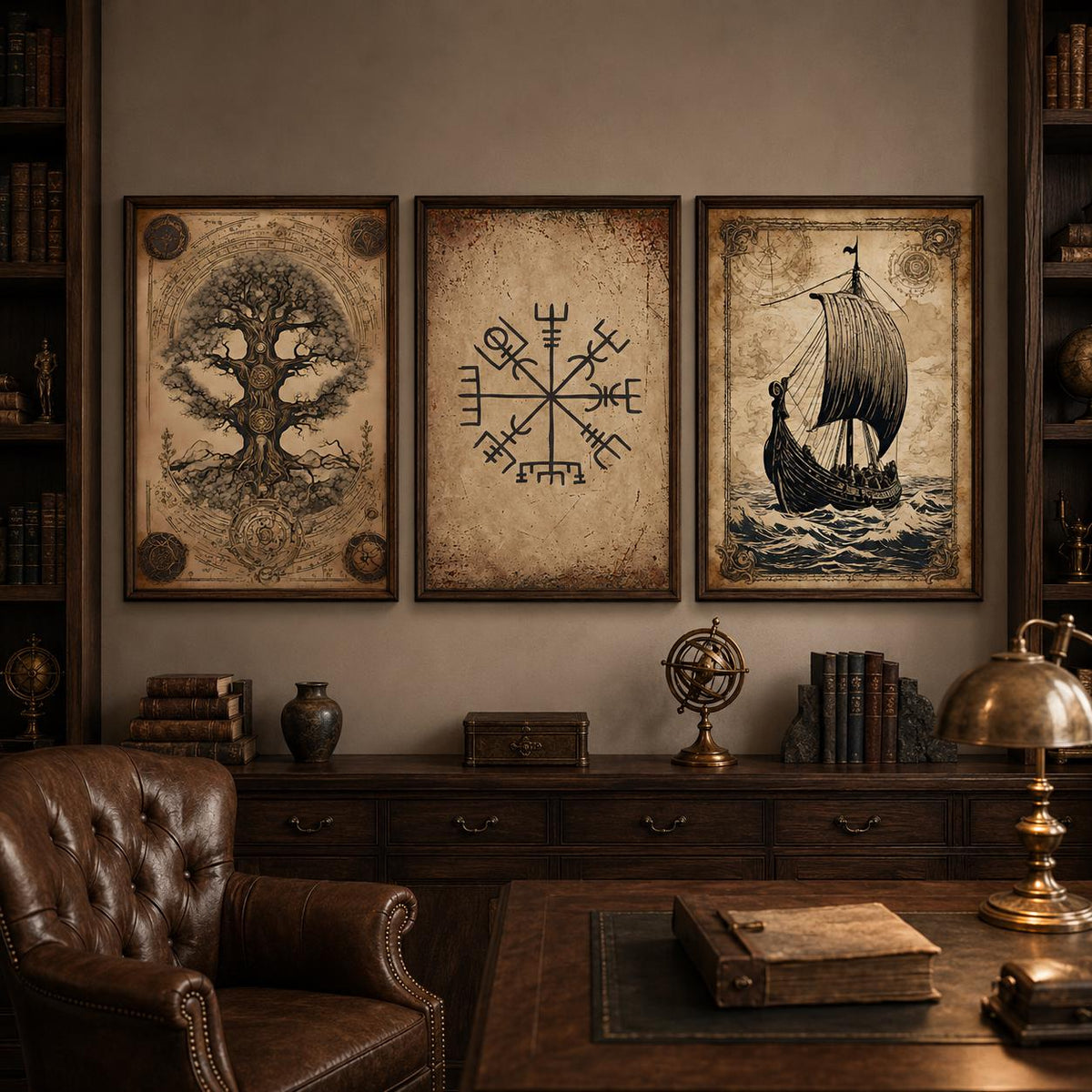 Norse Mythology Wall Art Set of 3 Yggdrasil Viking Ship Vegvisir Prints