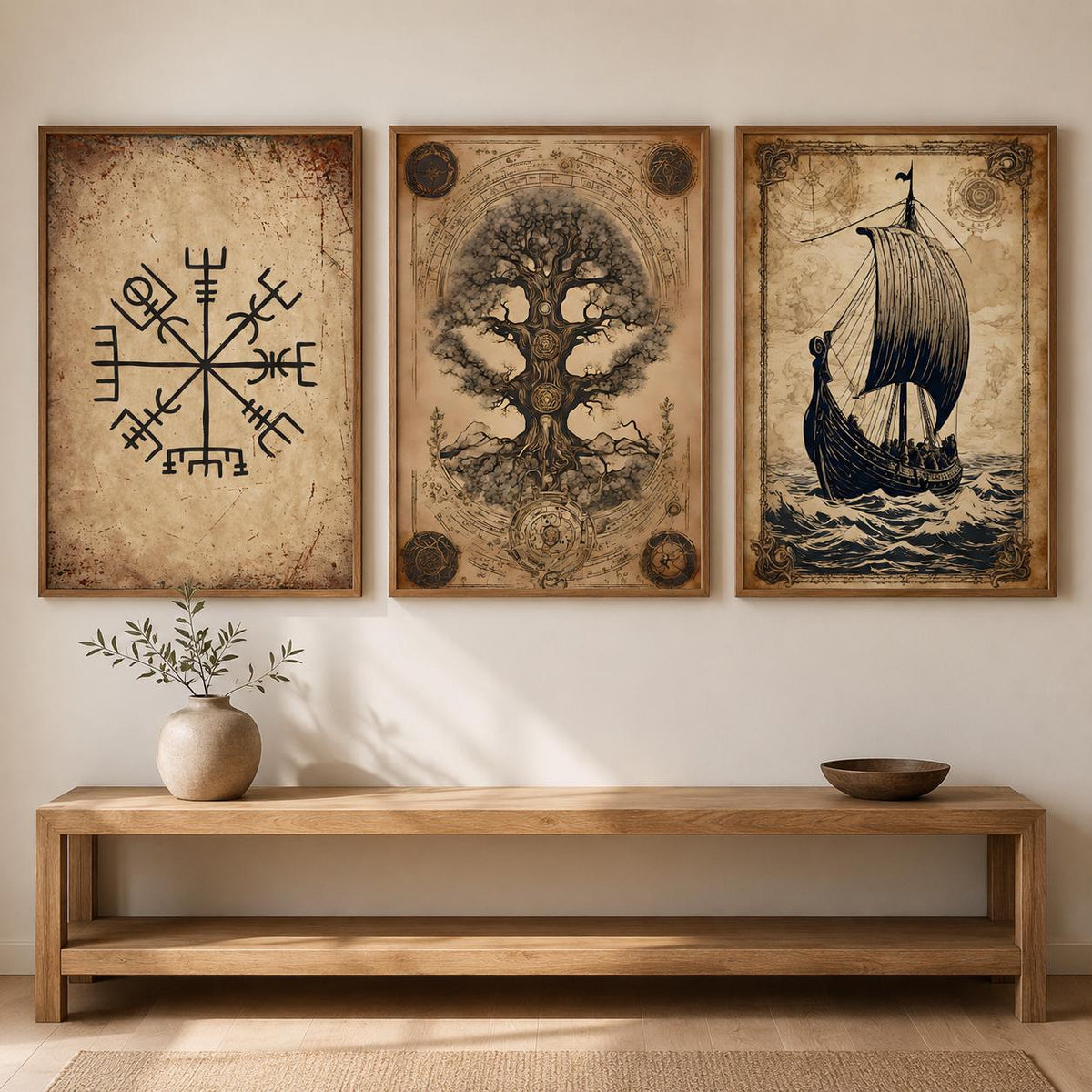Norse Mythology Wall Art Set of 3 Yggdrasil Viking Ship Vegvisir Prints