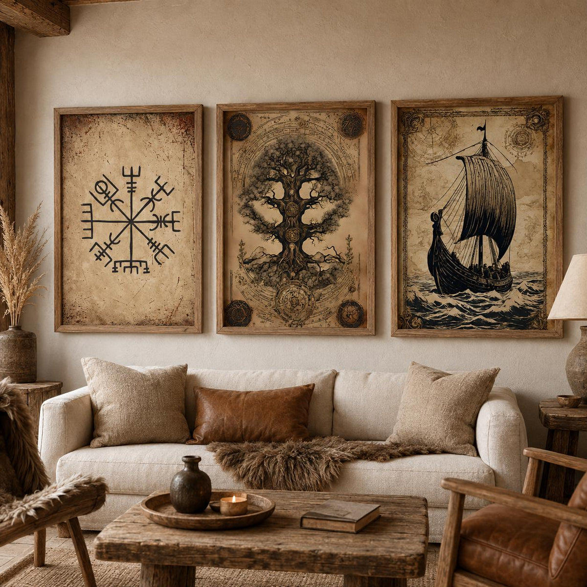 Norse Mythology Wall Art Set of 3 Yggdrasil Viking Ship Vegvisir Prints