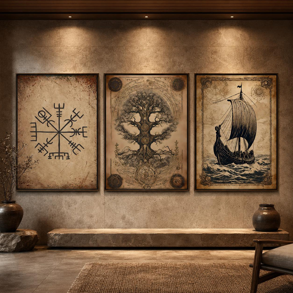 Norse Mythology Wall Art Set of 3 Yggdrasil Viking Ship Vegvisir Prints
