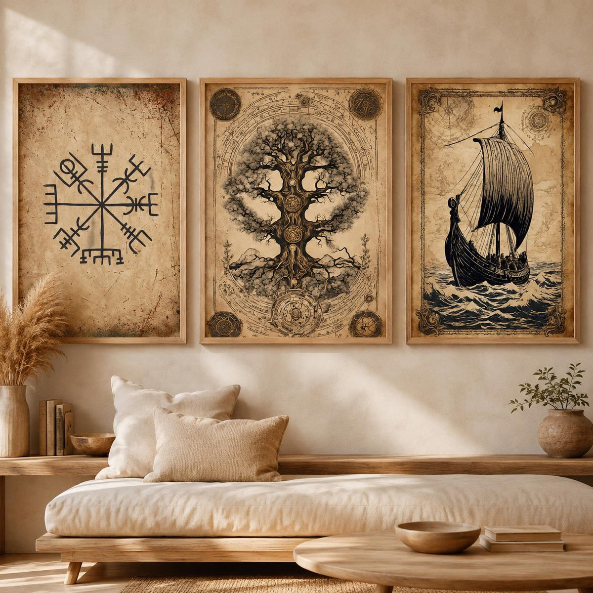 Norse Mythology Wall Art Set of 3 Yggdrasil Viking Ship Vegvisir Prints