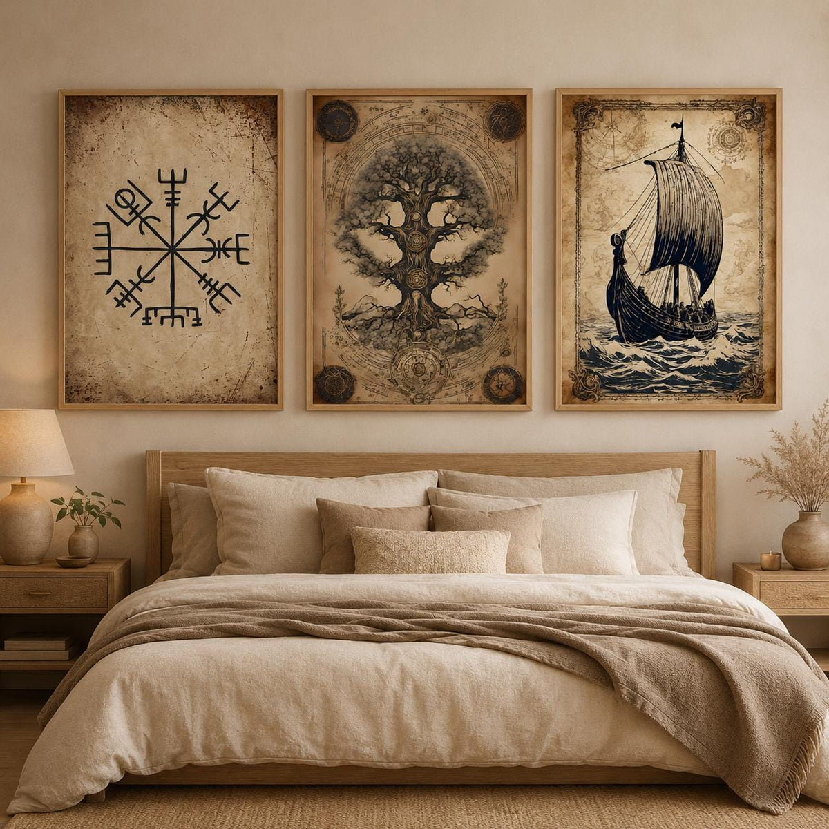Norse Mythology Wall Art Set of 3 Yggdrasil Viking Ship Vegvisir Prints