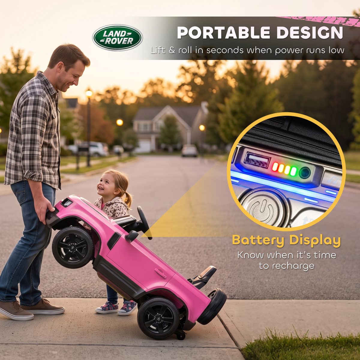 12V Ride on Car Licensed Land Rover with Remote, Suspension, Slow Start, 3 Speeds, Lights, Music, Horn for 3-5, Pink