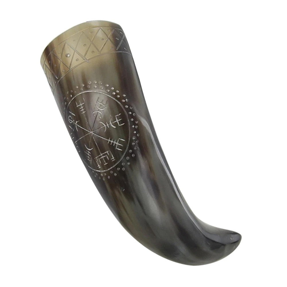 Vegvisir Drinking Horn Hand-Carved Norse Compass Design 13-15"
