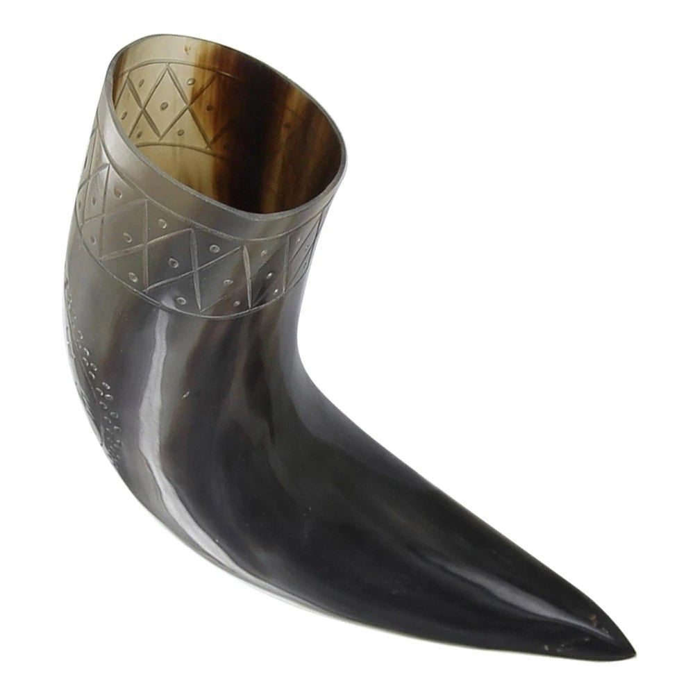 Vegvisir Drinking Horn Hand-Carved Norse Compass Design 13-15"