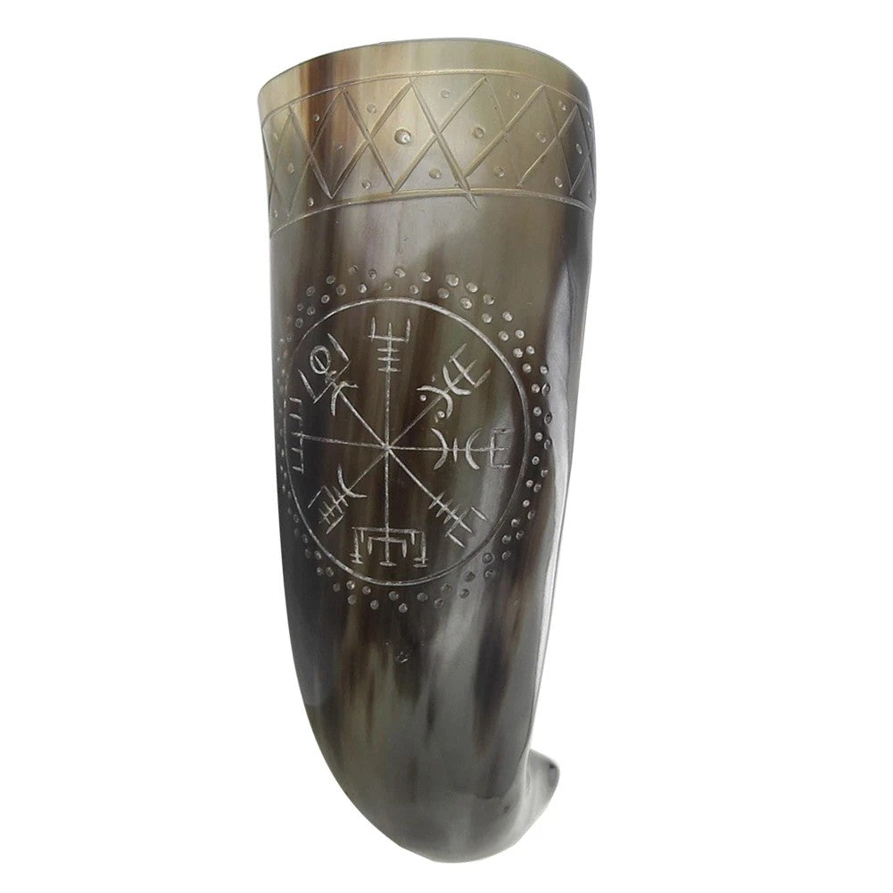 Vegvisir Drinking Horn Hand-Carved Norse Compass Design 13-15"
