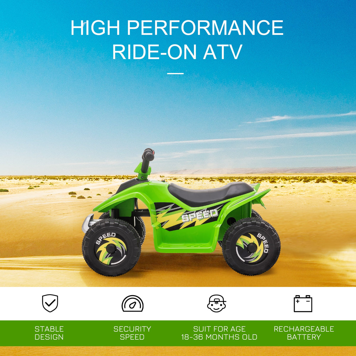 Kids Ride on ATV, 6V Battery Powered Quad Car with Forward, Reverse Switch, for Boys Girls 18-36 Months, Black