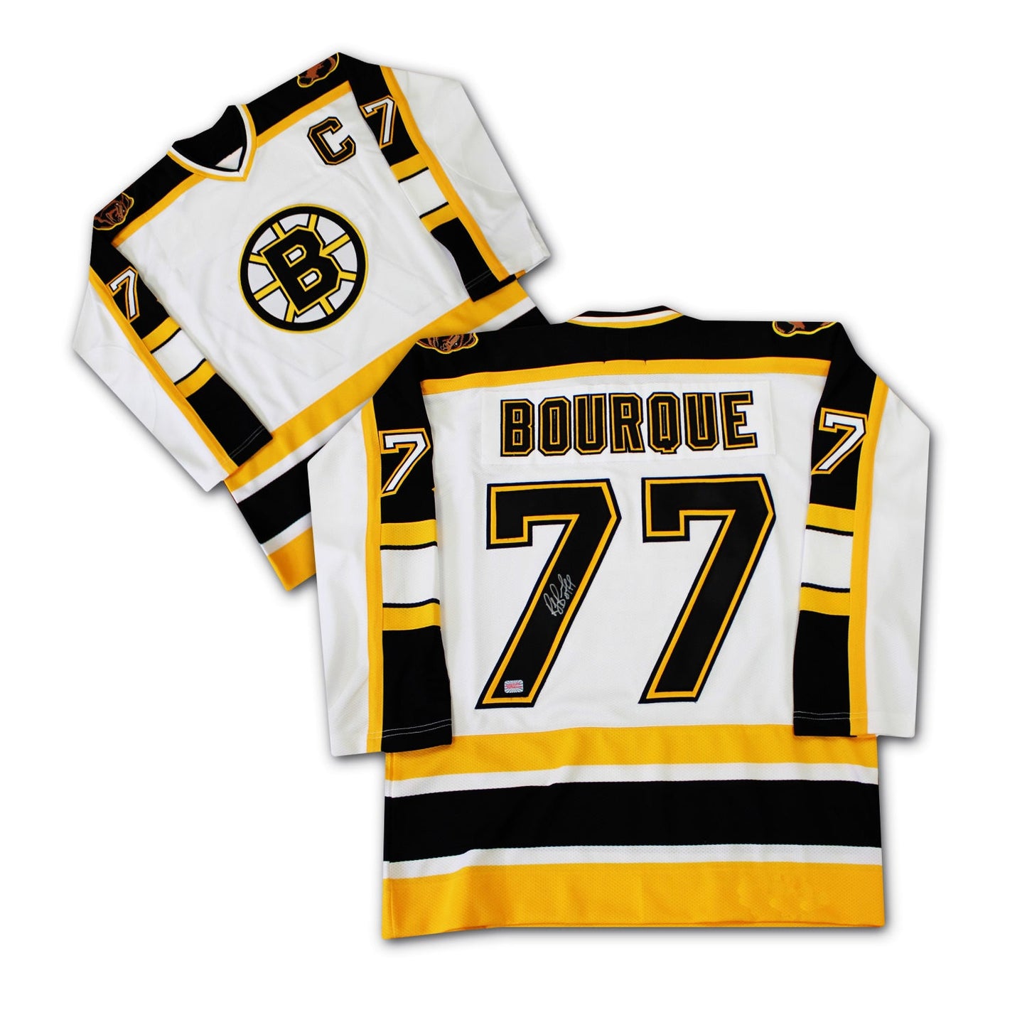 RAYMOND BOURQUE AUTOGRAPHED BOSTON BRUINS WHITE JERSEY – SIGNED NHL HOCKEY MEMORABILIA COLLECTIBLE (SIZE L OR XL)