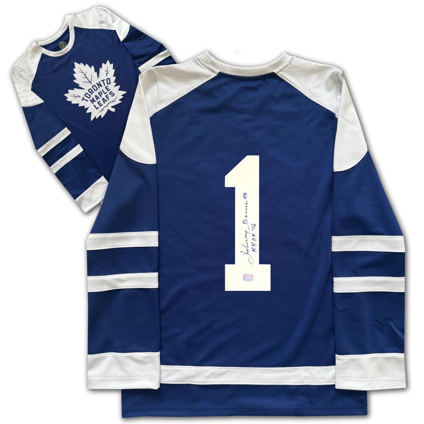 TORONTO HOCKEY LICENSED FAN COLLECTIBLE JERSEY AUTOGRAPHED BY JOHNNY BOWER BLUE HOCKEY STYLE TOP ADULT UNISEX SIZE LARGE