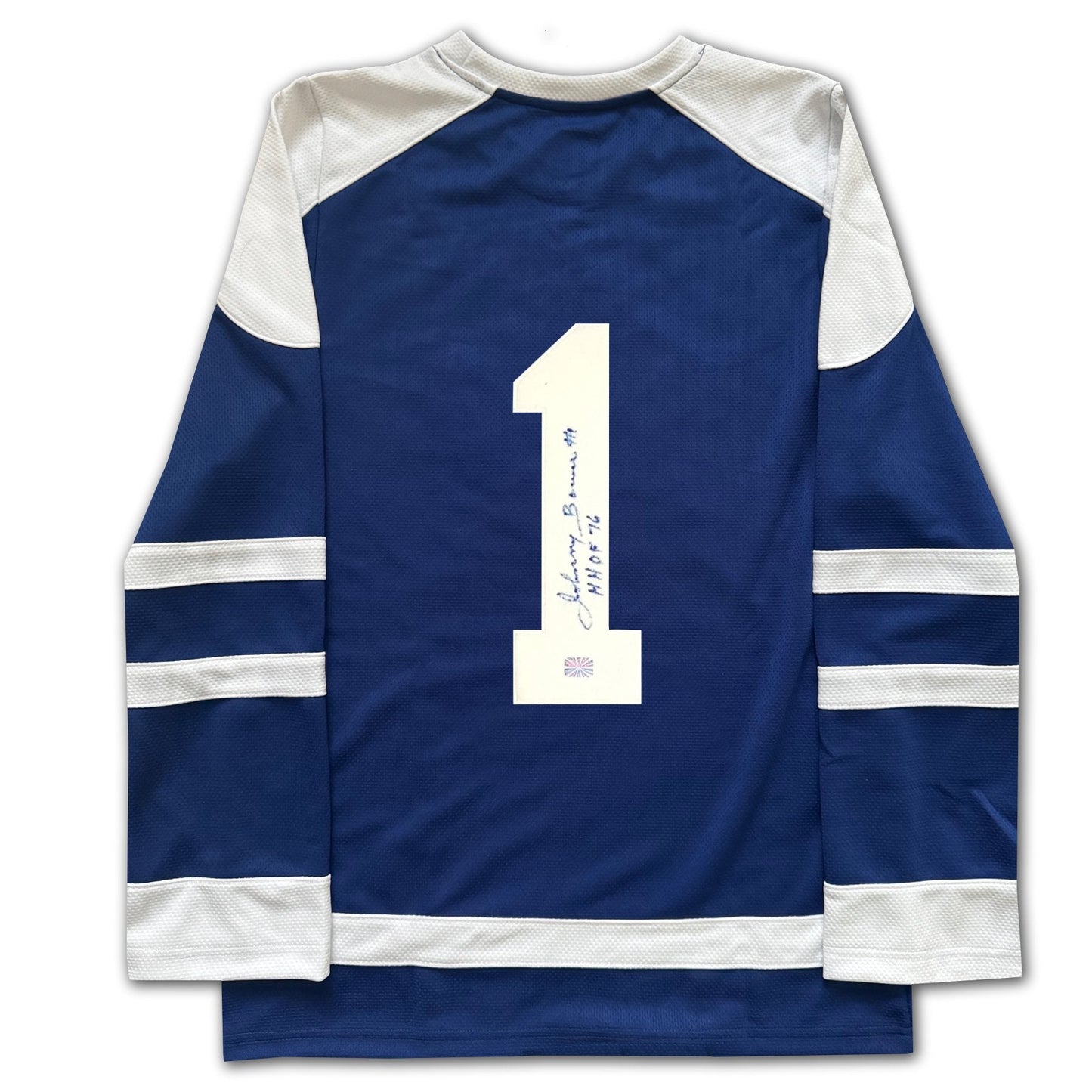 TORONTO HOCKEY LICENSED FAN COLLECTIBLE JERSEY AUTOGRAPHED BY JOHNNY BOWER BLUE HOCKEY STYLE TOP ADULT UNISEX SIZE LARGE