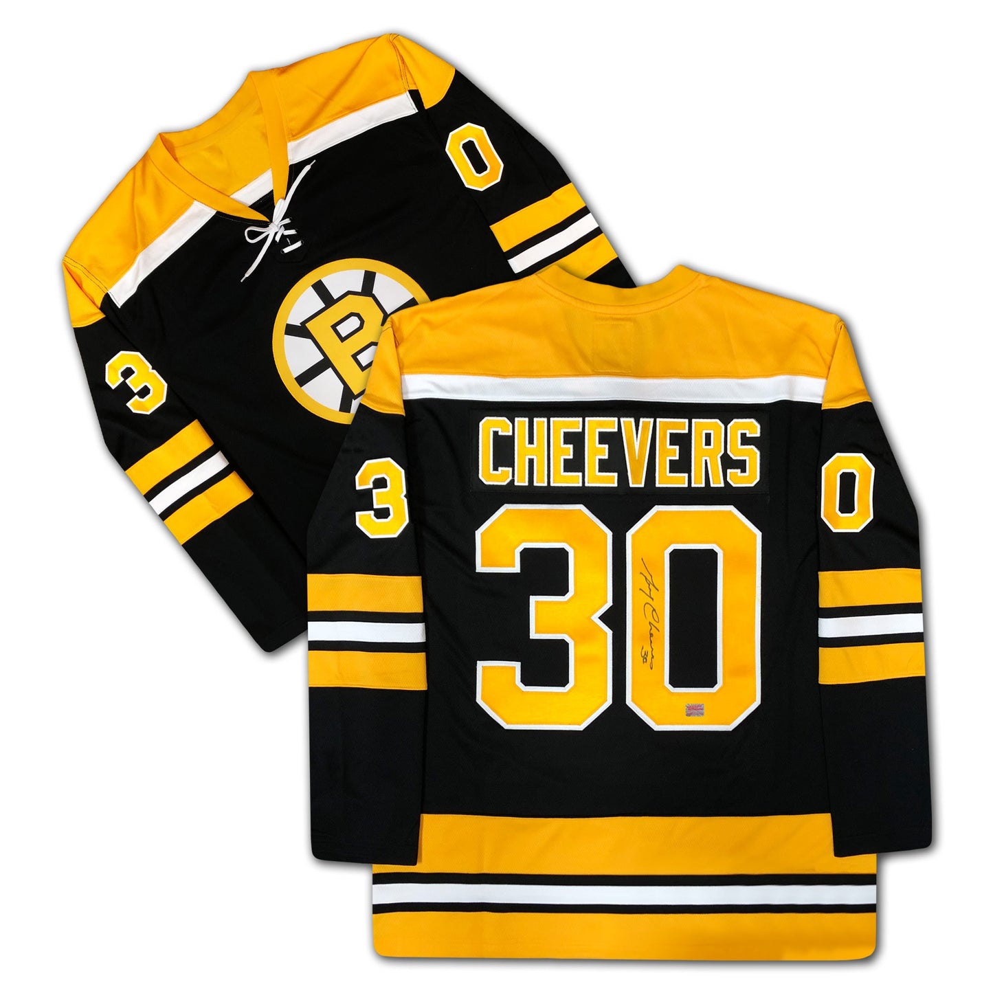 GERRY CHEEVERS AUTOGRAPHED BOSTON BRUINS BLACK JERSEY – SIGNED NHL HOCKEY MEMORABILIA COLLECTIBLE (SIZE L OR XL)
