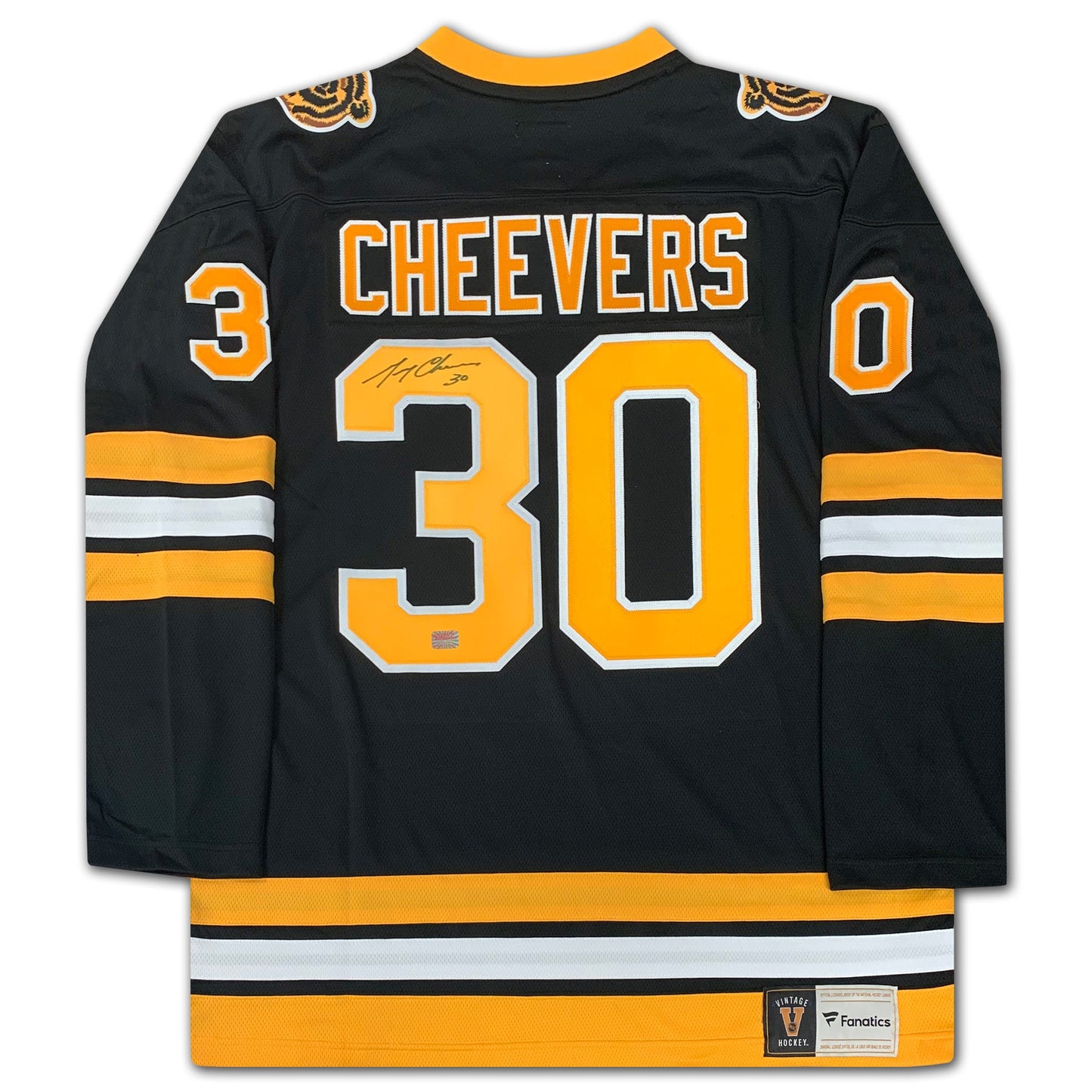 GERRY CHEEVERS AUTOGRAPHED BOSTON BRUINS BLACK JERSEY – SIGNED NHL HOCKEY MEMORABILIA COLLECTIBLE (SIZE L OR XL)