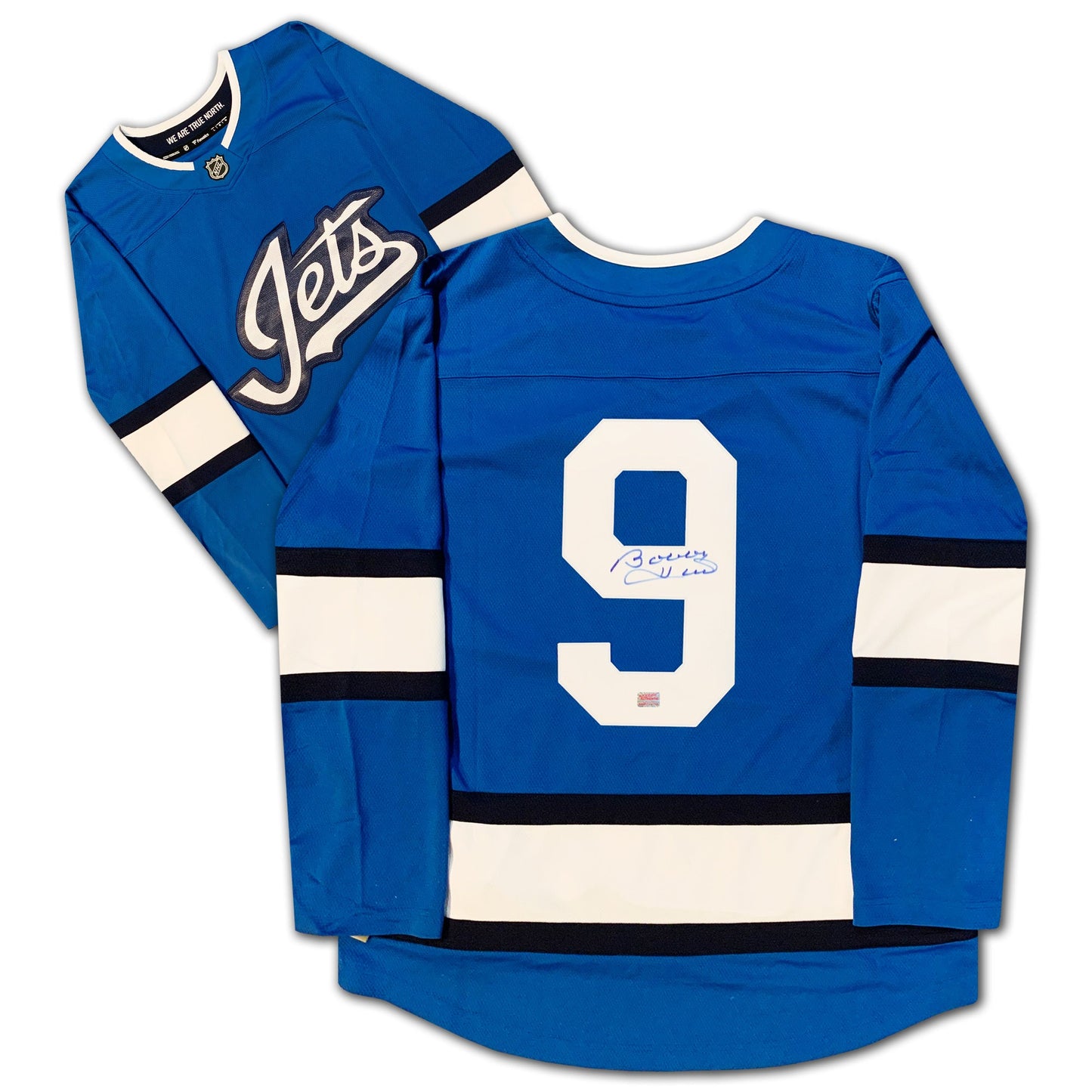 BOBBY HULL AUTOGRAPHED WINNIPEG JETS BLUE ALTERNATE JERSEY – SIGNED NHL HOCKEY MEMORABILIA COLLECTIBLE (SIZE L OR XL)