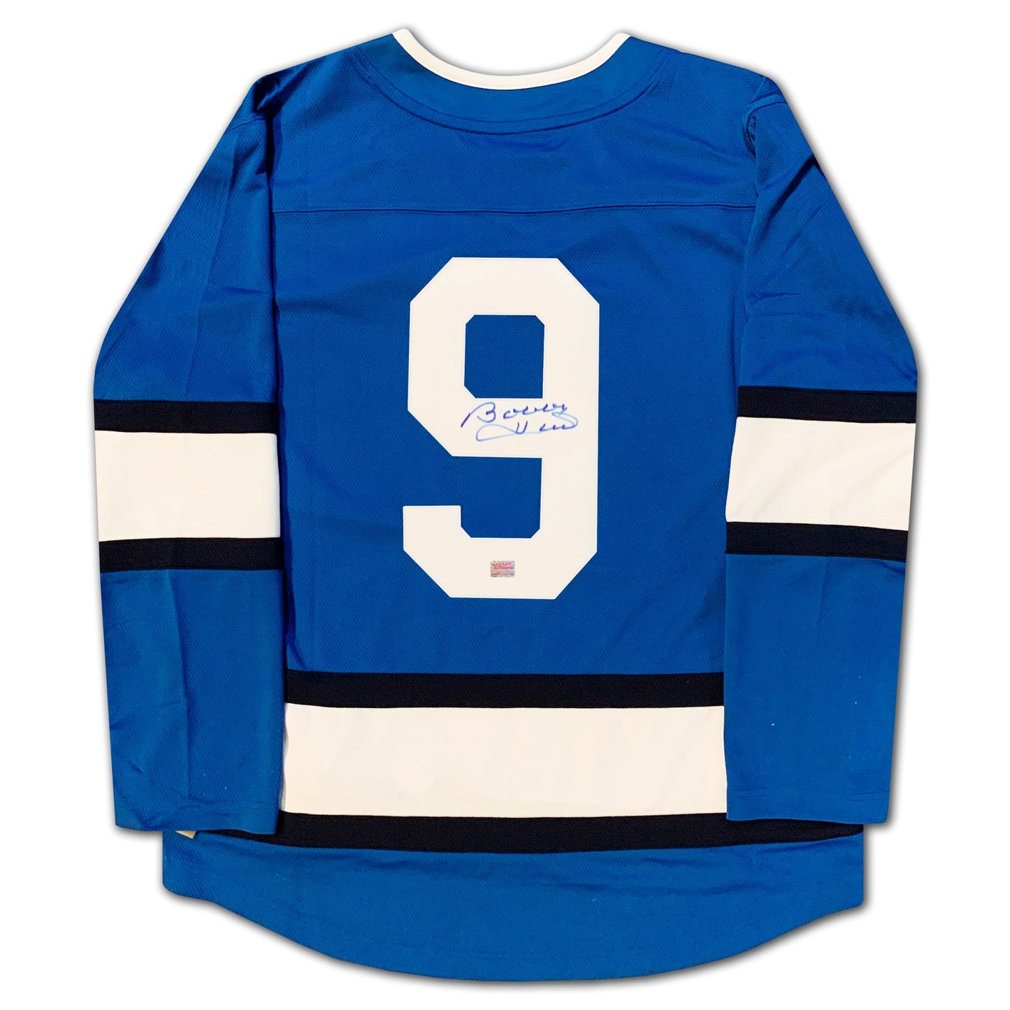 BOBBY HULL AUTOGRAPHED WINNIPEG JETS BLUE ALTERNATE JERSEY – SIGNED NHL HOCKEY MEMORABILIA COLLECTIBLE (SIZE L OR XL)