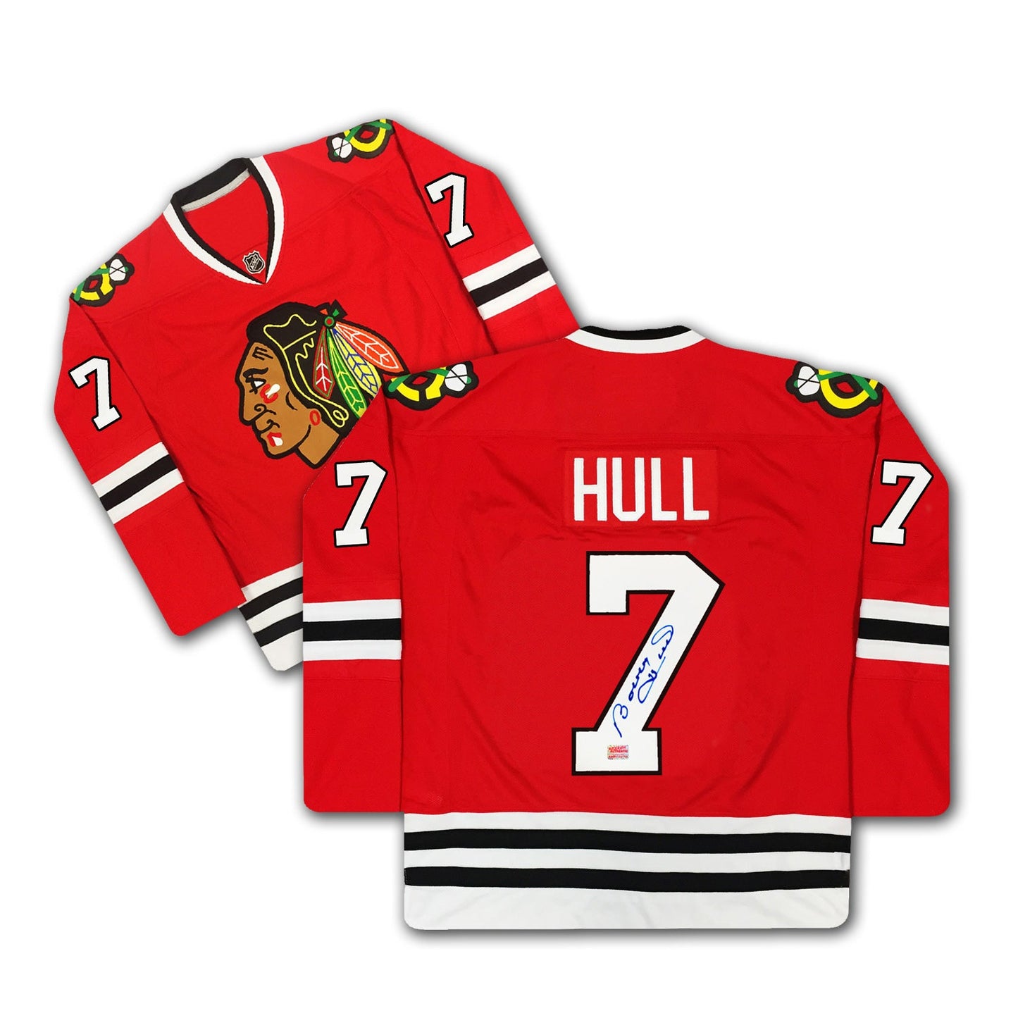 BOBBY HULL AUTOGRAPHED CHICAGO BLACKHAWKS RED JERSEY #7 – SIGNED NHL HOCKEY MEMORABILIA COLLECTIBLE (SIZE L OR XL)