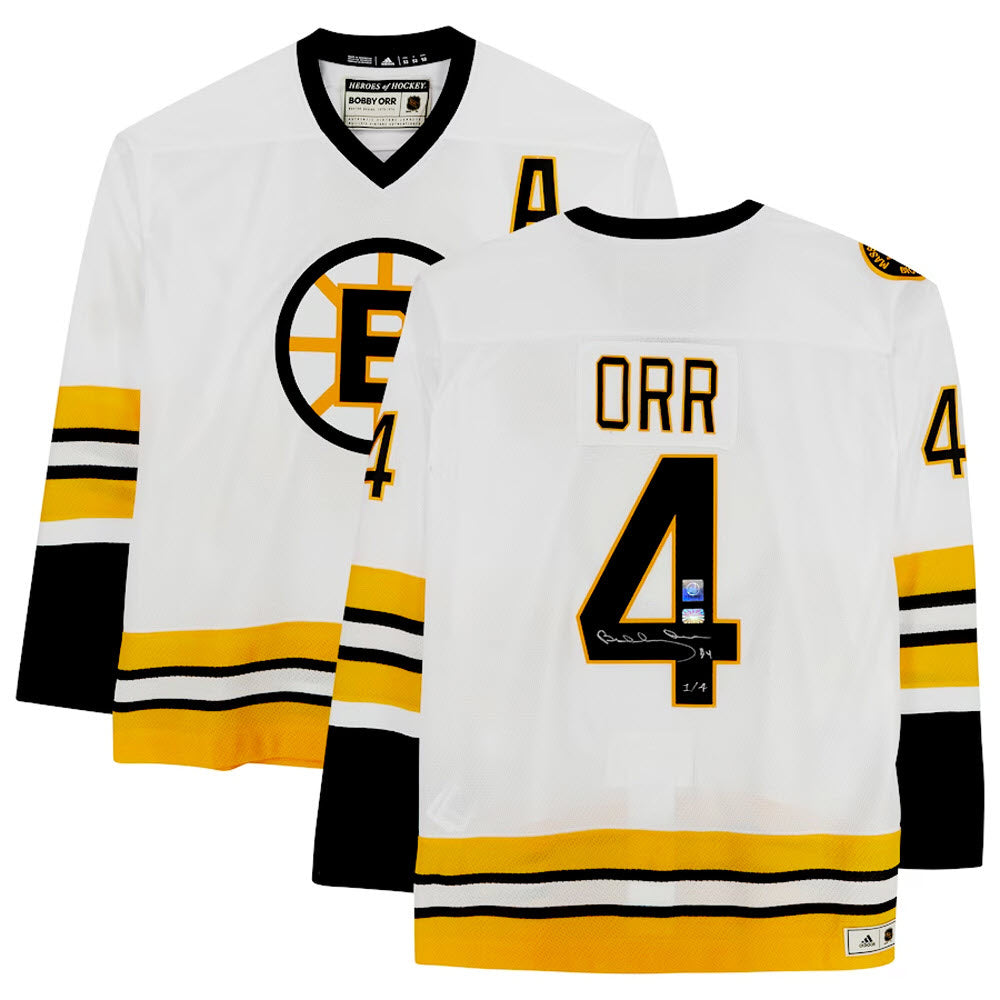 BOBBY ORR AUTOGRAPHED BOSTON BRUINS WHITE ADIDAS JERSEY – LIMITED EDITION 1/4 – GNR COA (SIZE L OR XL)