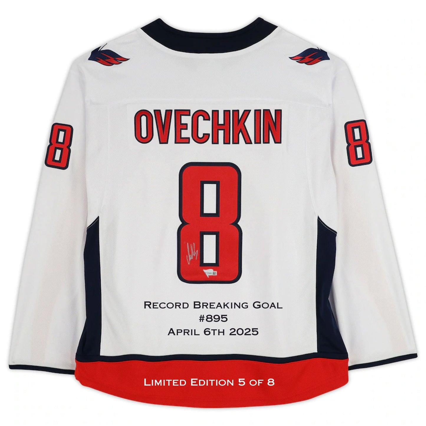 ALEXANDER OVECHKIN SIGNED WASHINGTON CAPITALS WHITE JERSEY – GOAL RECORD EDITION 895 CAREER GOALS – LIMITED EDITION /8 (SIZE L OR XL)