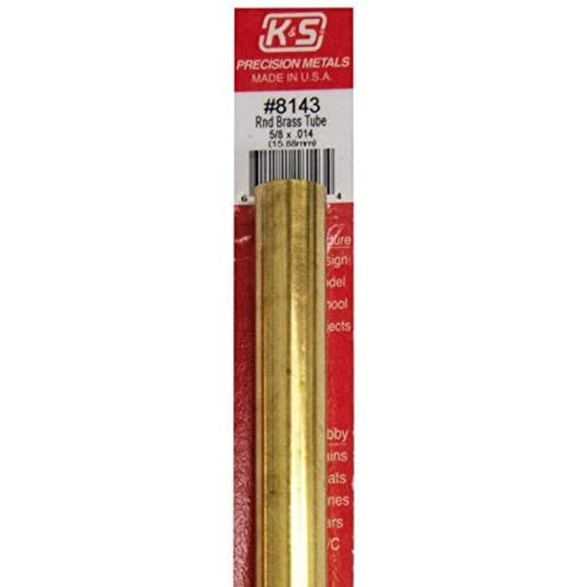 K&S Precision Metals #8143 Round Brass Tube 5/8" x 12" Carded NIB