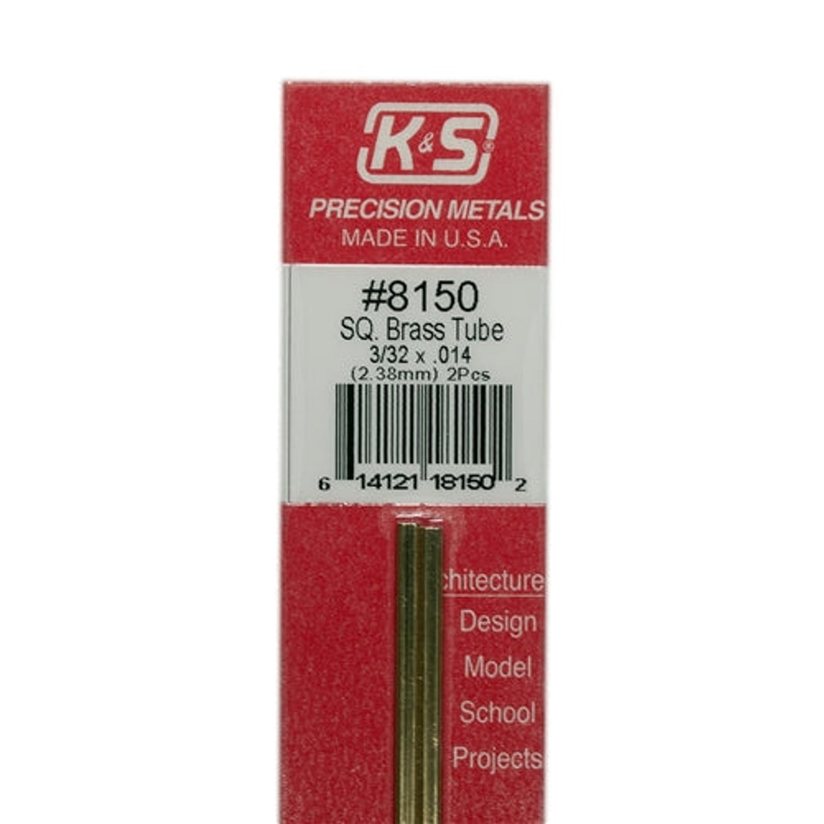 K&S Precision Metals #8150 Square Brass Tube 3/32" x 12" Carded Pkg of 2 NIB