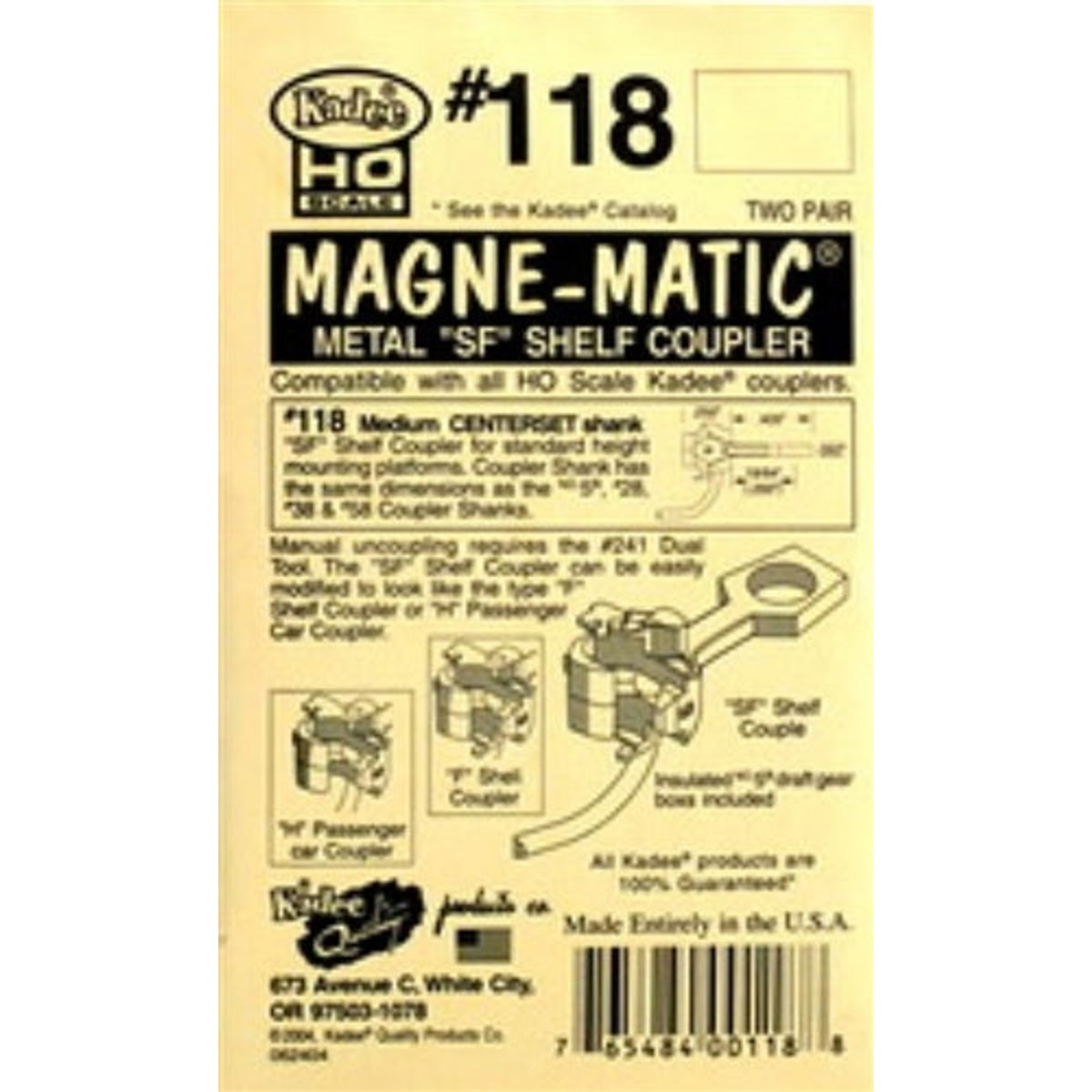 Kadee #118 HO Magne-Matic "SF" Shelf Head Medium 19/64" Centerset Shank Whisker Scale Knuckle Couplers