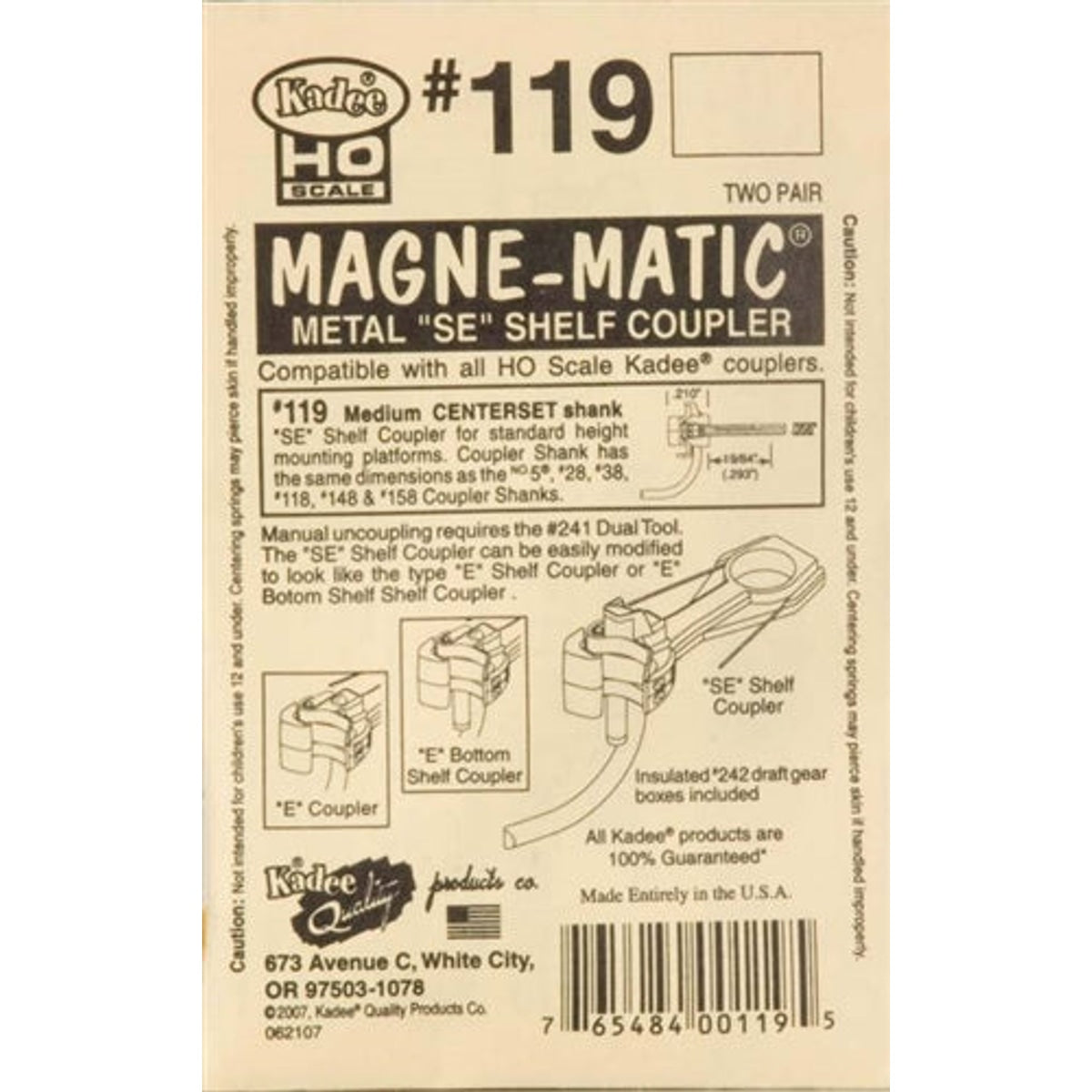 Kadee #119 HO Magne-Matic "SE" Shelf Head Medium 19/64" Centerset Shank Whisker Scale Knuckle Couplers