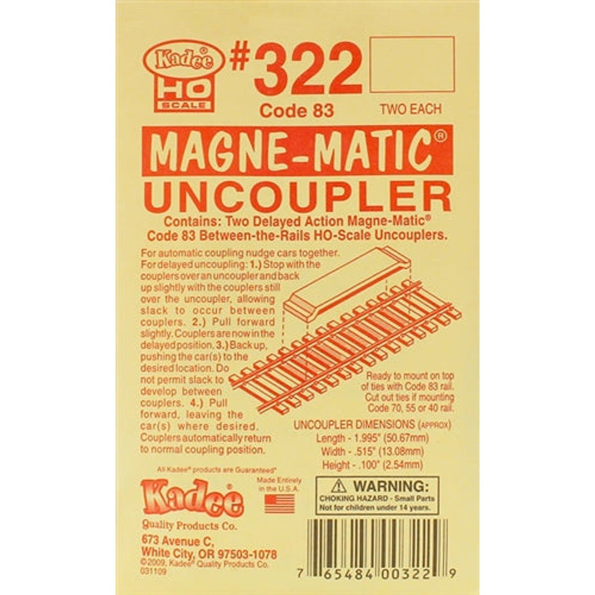 Kadee #322 HO Permanent Magnet Delayed Uncouplers Code 83 1 Pair