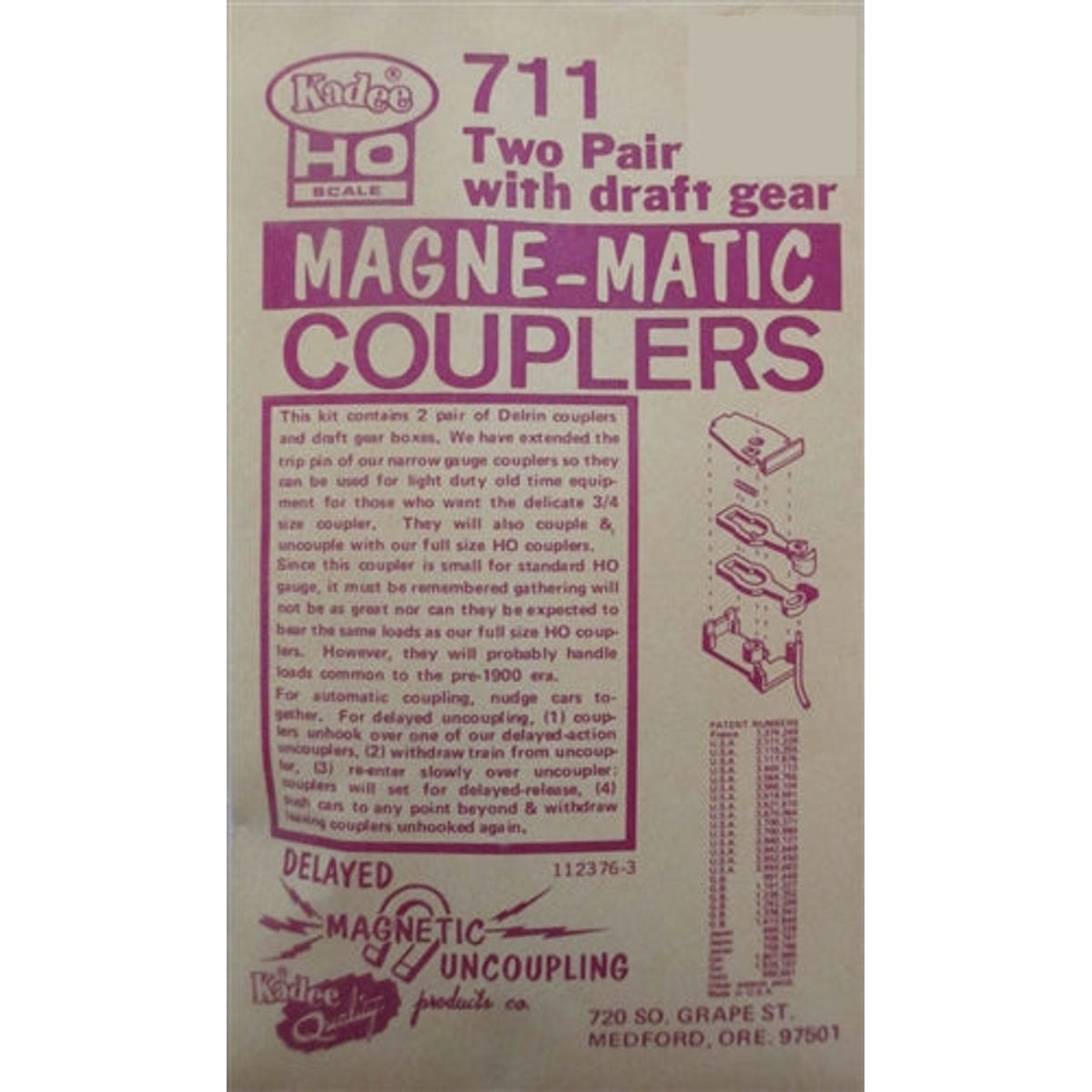 Kadee #711 HO #711 Old-Time/Light Duty Plastic Knuckle Coupler Black 2 Pair