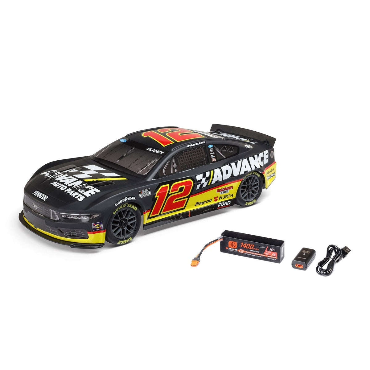 Losi 1/12 NASCAR AWD RC Racecar, Ryan Blaney No. 12 Advance Auto 2025 Ford Mustang