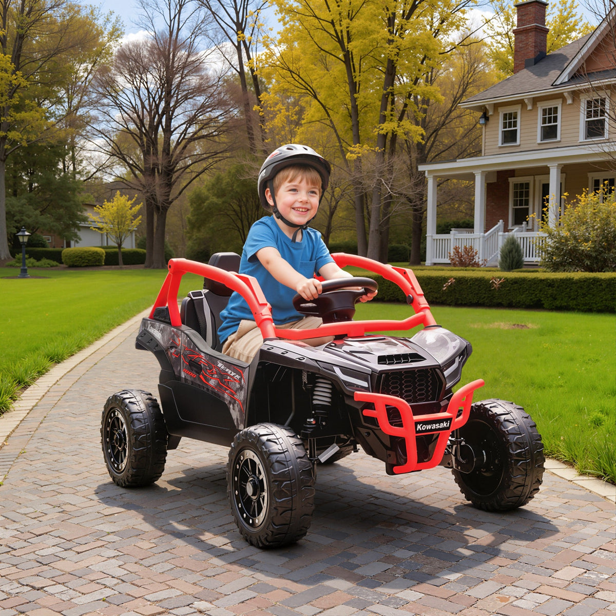 12V Ride on Truck, Licensed KAWASAKI TERYX KRX 2WD Kids Electric Car with Rear Suspension for 3-8 Years, Red