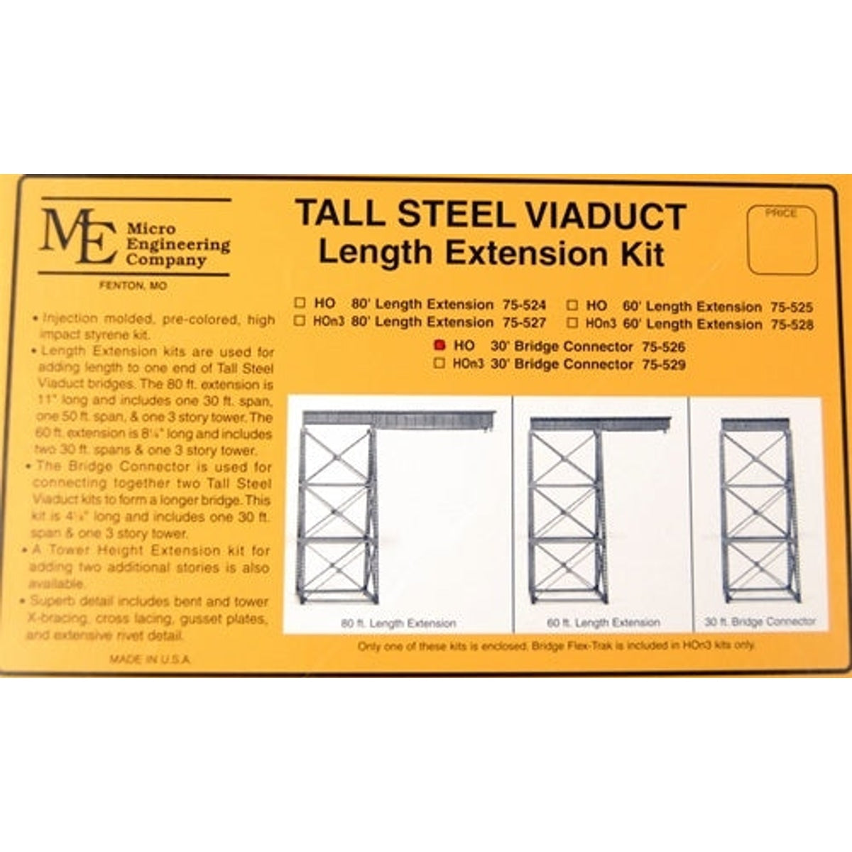 Micro Engineering 75-526 HO 30' Tall Steel Viaduct Length Connection NIB