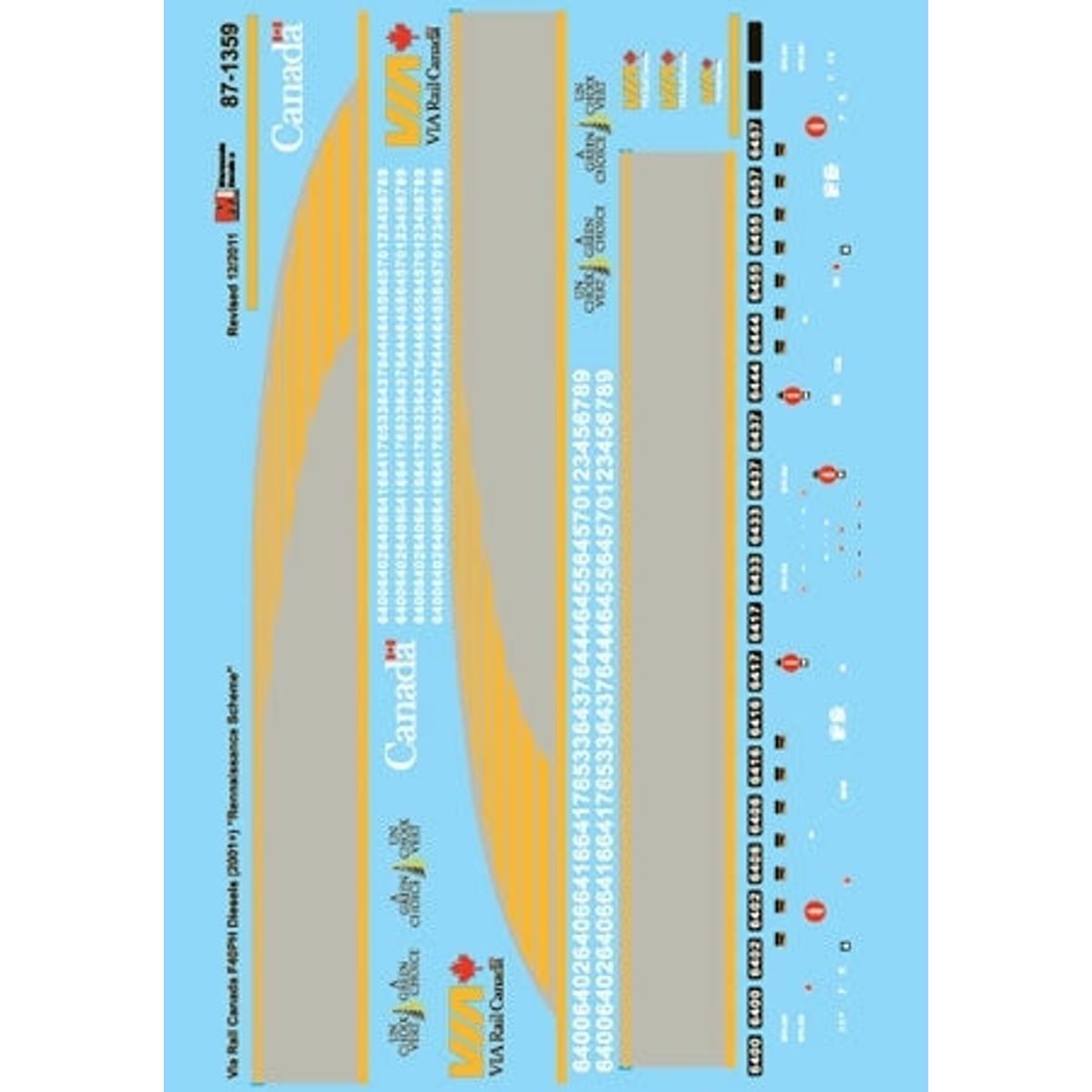 Microscale 87-1359 HO VIA Rail Canada F40PH-2 Rebuilt Diesel 2007+ Renaissance Scheme Decal Set NIB