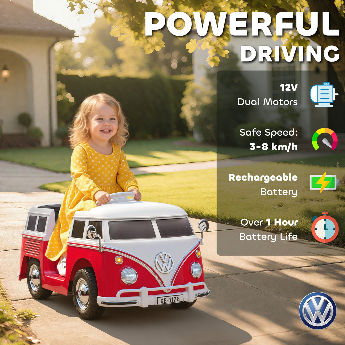 12V Kids Ride on Car, Lisensed Volkswagen T1 Electric Vehicle with Dual Motor and Soft Start for 3-7 Years, Red