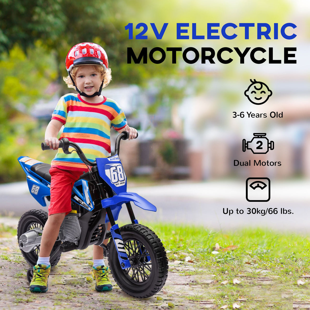 12V Kids Dirt Bike, Electric Motorcycle with Twist Grip Throttle, Training Wheels, Rear Suspension & Music, Blue