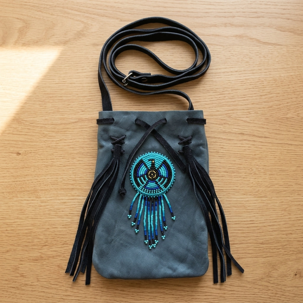 Beaded Suede Phone Pouch ~ Blue