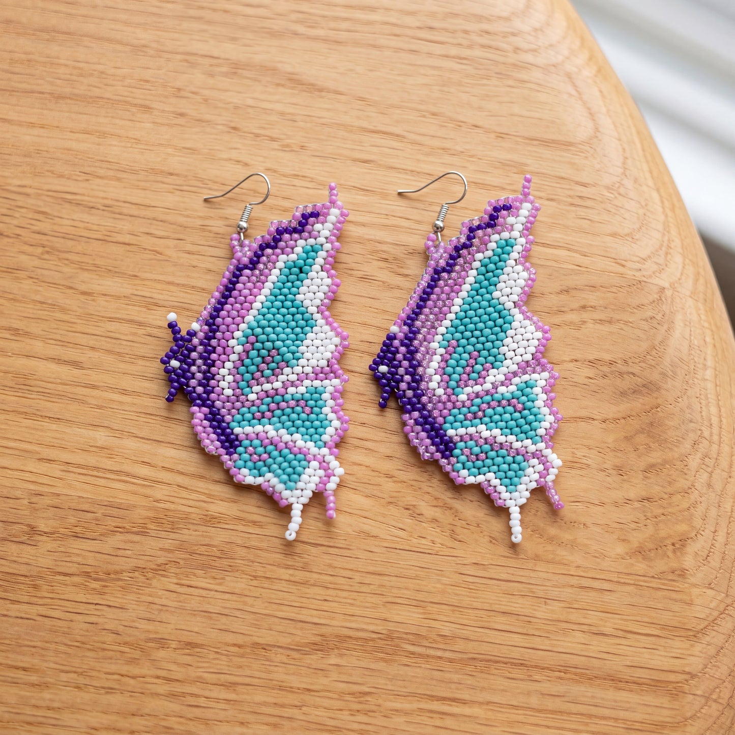 Butterfly Wing Beaded Dangle Earrings — Purple, Gold & Pink
