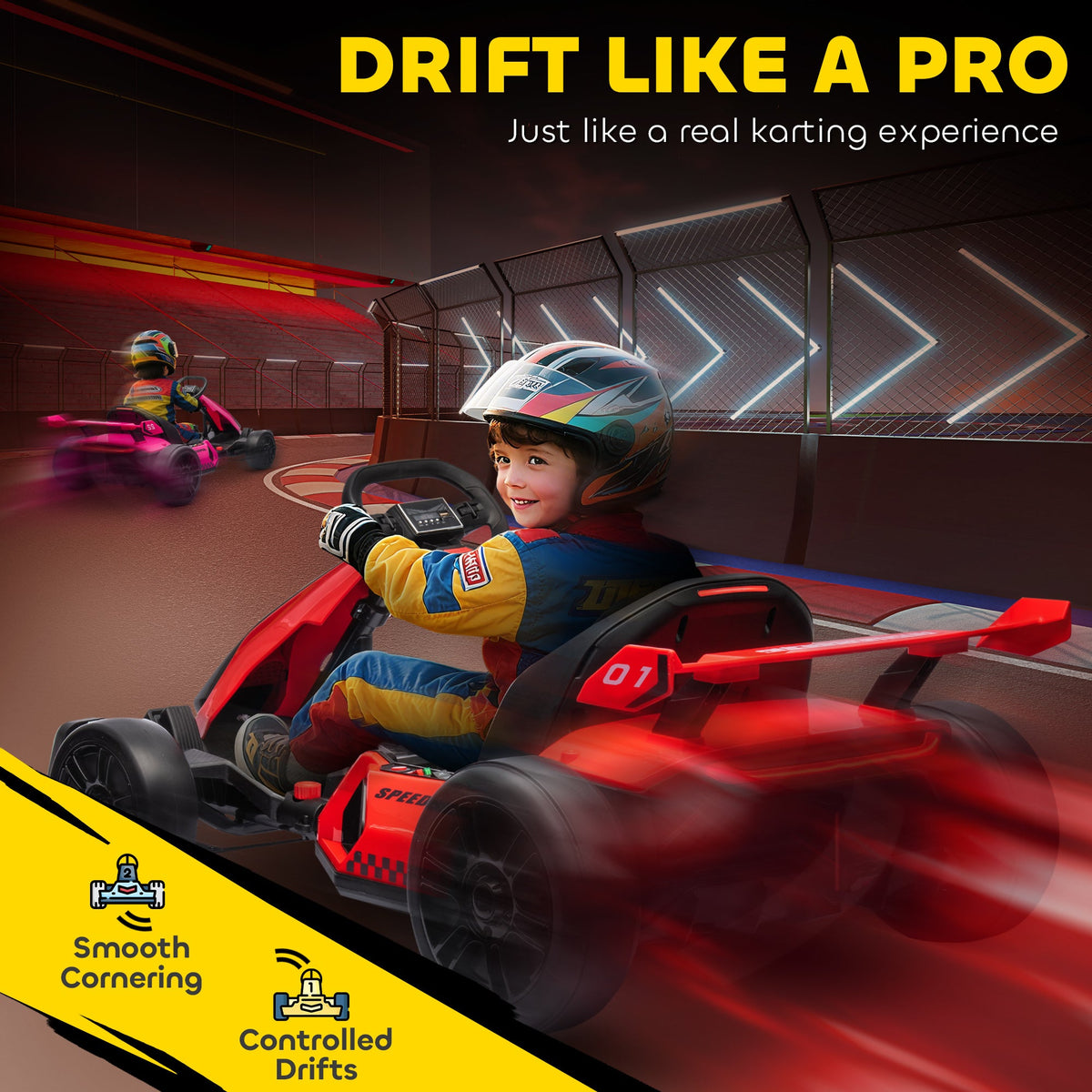 24V Electric Go Kart, Battery Powered Kids Drift Kart with Adjustable Seat, Seat Belt, Horn, Music, Light, Red
