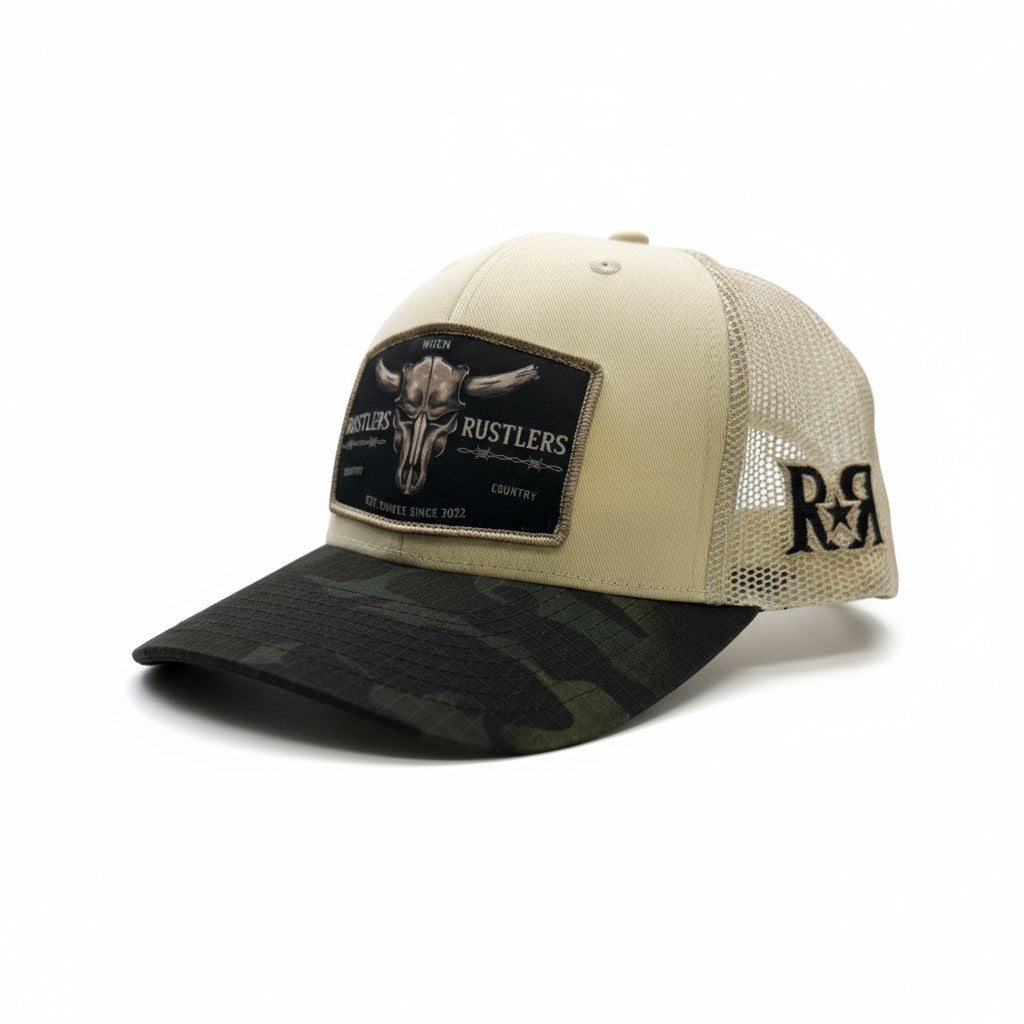 Ruthless Rustlers Barbed Wire Trucker Cap | Beige/Black Camo