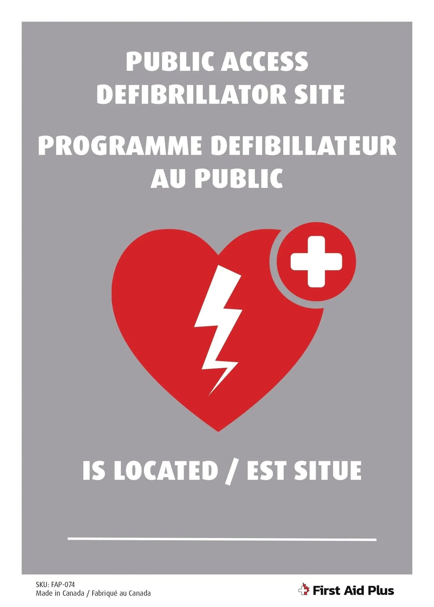 Public Access Defibrillator Site Sign, AED Location Sign, Plastic, Bilingual, 14"x10"