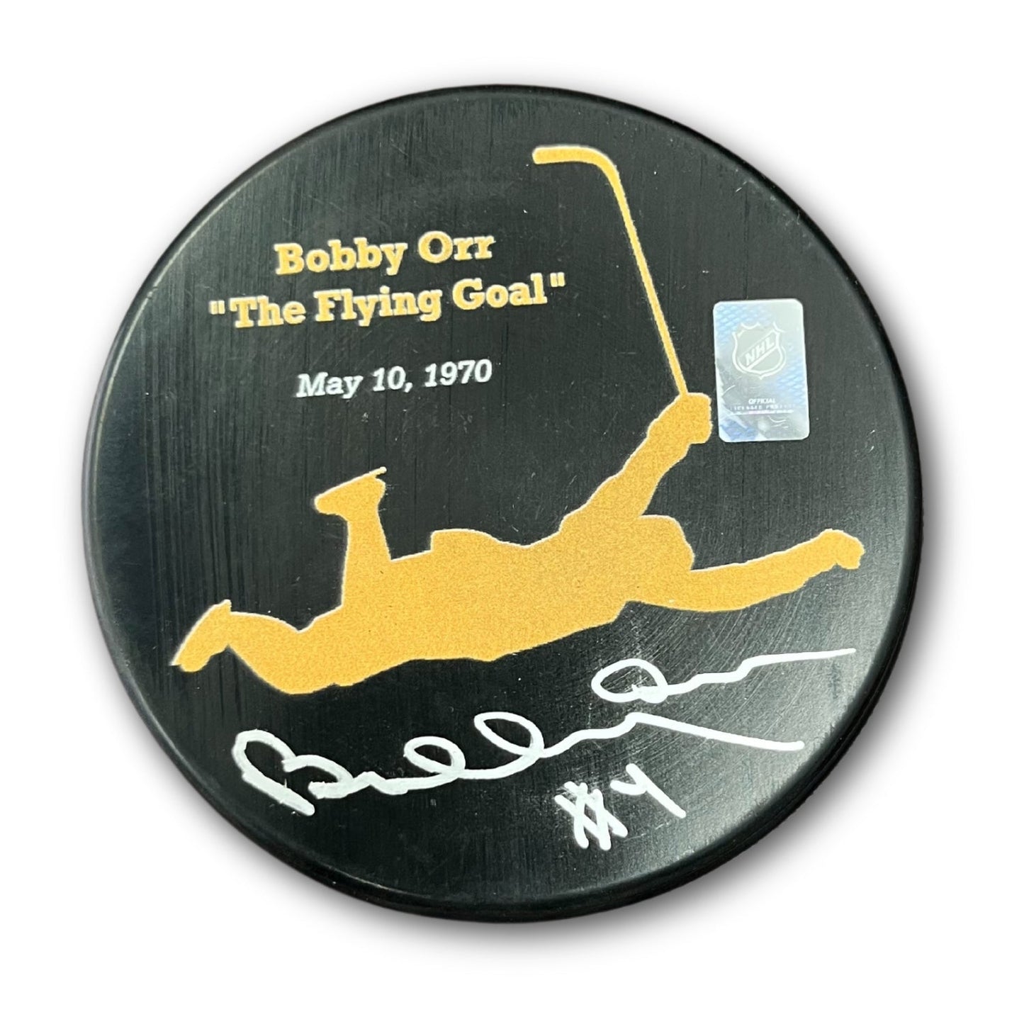 BOBBY ORR “THE FLYING GOAL” SIGNED PUCK – MAY 10, 1970 COMMEMORATIVE – BOSTON BRUINS LEGEND,  - GNR COA – ICONIC NHL MOMENT COLLECTIBLE