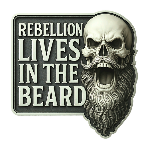 The “Rebellion Lives In The Beard” Decal (10”x10”) – Premium Laminated Vinyl | Die-Cut Skull & Beard Design | Weatherproof Vehicle Sticker | Collector Series