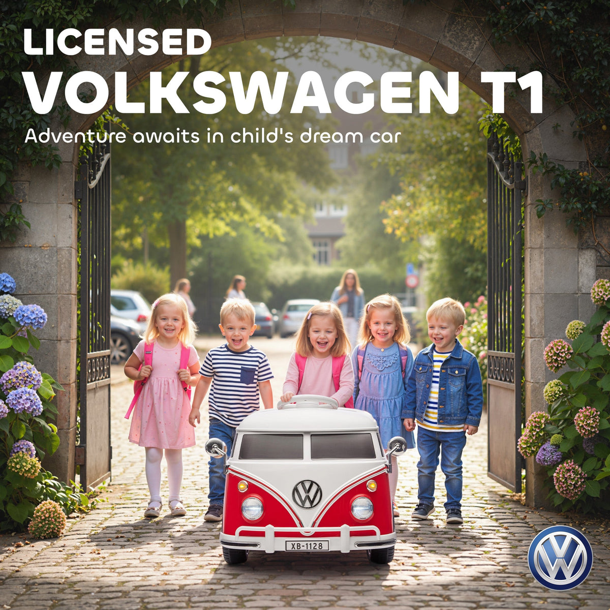 12V Kids Ride on Car, Lisensed Volkswagen T1 Electric Vehicle with Dual Motor and Soft Start for 3-7 Years, Red