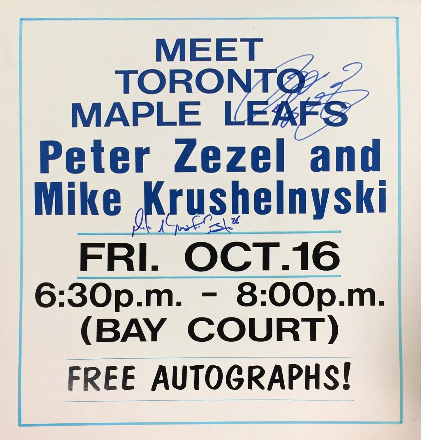 PETER ZEZEL & MIKE KRUSHELNYSKI DUAL SIGNED HOCKEY SIGN – TORONTO MAPLE LEAFS AUTOGRAPHED COLLECTIBLE – FRAMED MEMORABILIA  (28" BY 22")