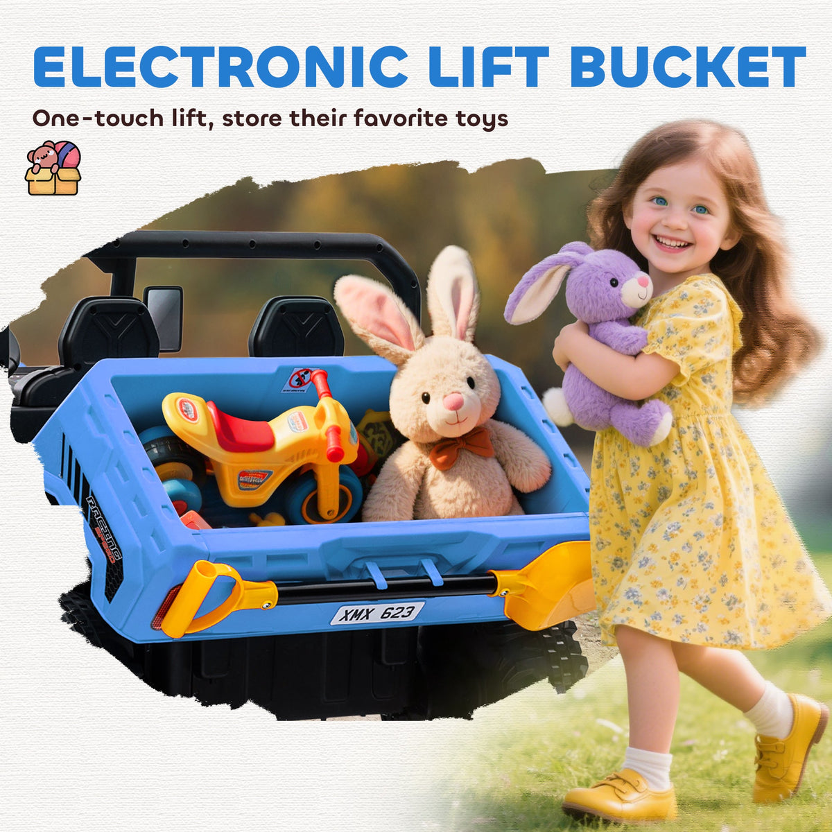 12V Ride on Car with Electric Bucket, Two-Seater, Shovel, Remote Control, Spring Suspension, Horn, Music, Black