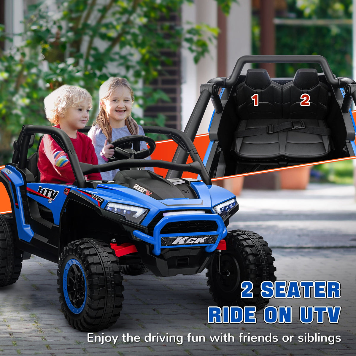 2 Seater 24V 7AH Ride on Truck, Electric Car for Kids w/ Spring Suspension, Remote Lights, Horn, Music, Blue