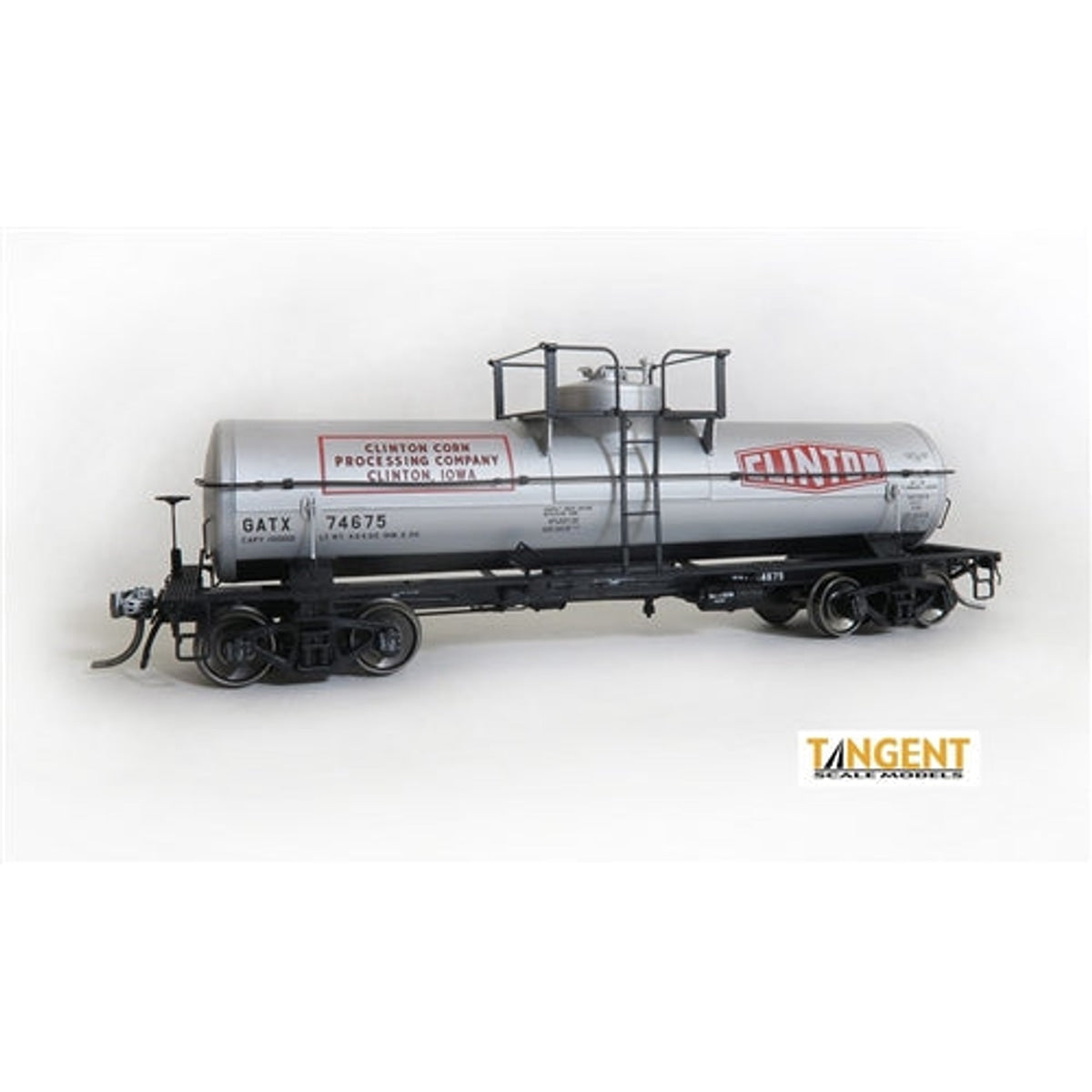 Tangent Scale Models 22121-04 HO GATC 1957-Design 8000 Gallon Welded General Service Tank Car General American Transportation Corporation GATC Clinton Corn GATX #74681 "Original 1958+" Silver Red Lettering Red/White Logo NIB RTR